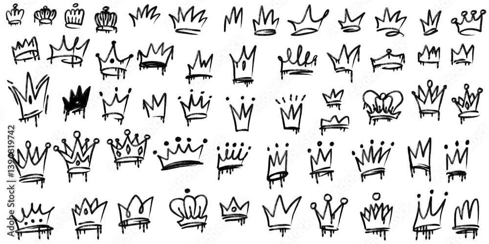 Obraz premium Graffiti Crown Set Hand Drawn Black and White. Black Ink Street Style. Head Accessories.