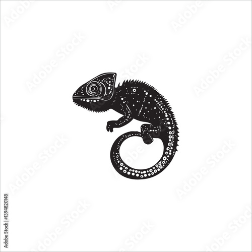 black and white image of an openwork chameleon on a white background, graphics, set, vector,logo

