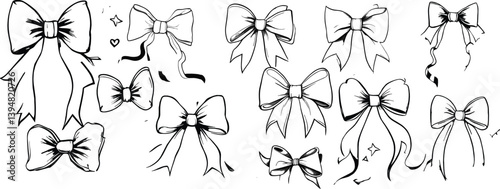 Ribbon bow icon set, vector coquettish cute knot, romantic love doodle vintage accessory collection. Holiday gift decoration silhouette, birthday elegant design element. 