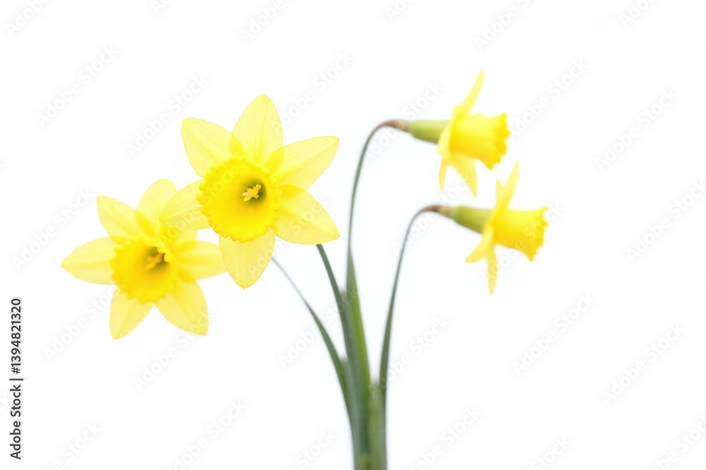 Fototapeta premium Three yellow daffodils in a vase on a white background