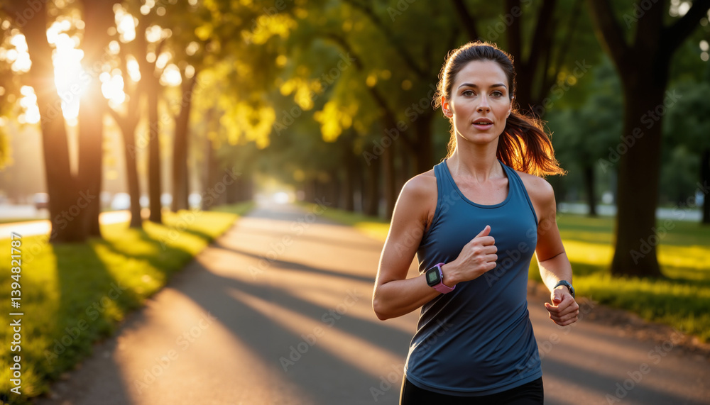Active woman jogging in a sunlit park path  