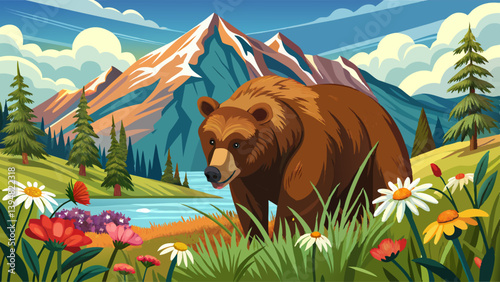 Brown bear eating meadow grass with wild flowers in Alaska