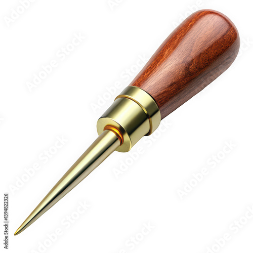 A sleek golden awl with a wooden handle, showcasing craftsmanship. The pointed tip gleams against a clean background, perfect for woodworking enthusiasts.