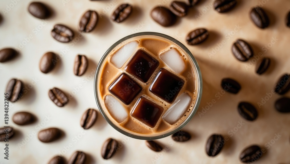 Fototapeta premium Make iced coffee. Pour espresso over ice cubes in a glass, overhead perspective