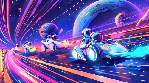 Astronauts racing on the road in space illustration 