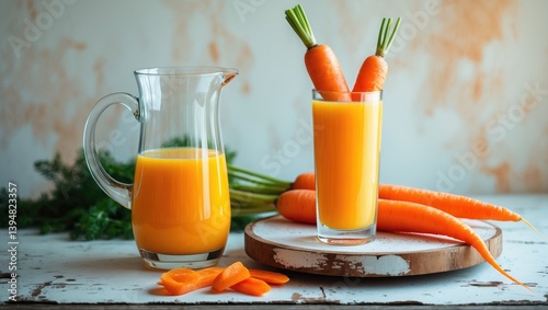 Glass and jug filled with fresh carrot juice on a grunge white table
