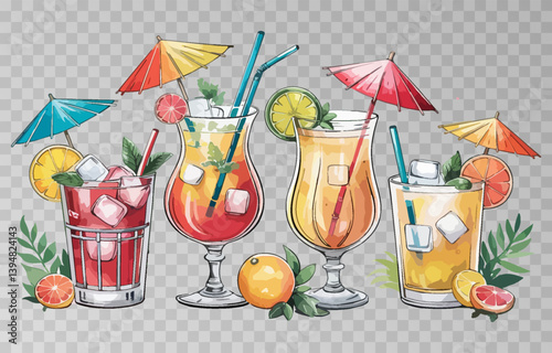 Watercolor set of refreshing summer cocktails PNG. Each drink is served with ice cubes, fruit slices, and adorned with a cocktail umbrella and straw. Cocktails on isolated transparent background.