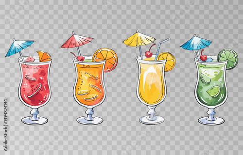Watercolor set of refreshing summer cocktails PNG. Each drink is served with ice cubes, fruit slices, and adorned with a cocktail umbrella and straw. Cocktails on isolated transparent background.