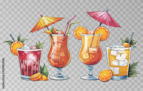 Watercolor set of refreshing summer cocktails PNG. Each drink is served with ice cubes, fruit slices, and adorned with a cocktail umbrella and straw. Cocktails on isolated transparent background.