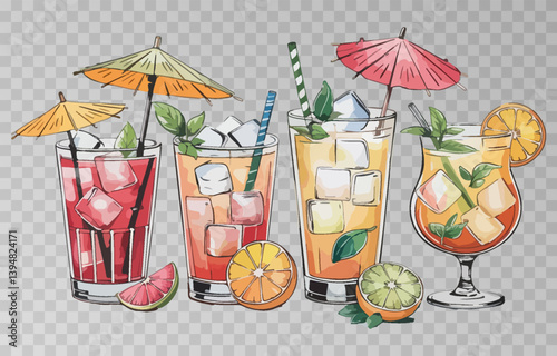 Watercolor set of refreshing summer cocktails PNG. Each drink is served with ice cubes, fruit slices, and adorned with a cocktail umbrella and straw. Cocktails on isolated transparent background.