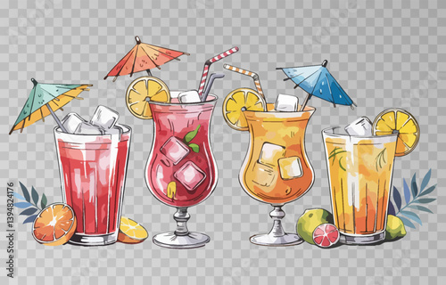 Watercolor set of refreshing summer cocktails PNG. Each drink is served with ice cubes, fruit slices, and adorned with a cocktail umbrella and straw. Cocktails on isolated transparent background.