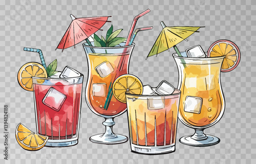 Watercolor set of refreshing summer cocktails PNG. Each drink is served with ice cubes, fruit slices, and adorned with a cocktail umbrella and straw. Cocktails on isolated transparent background.