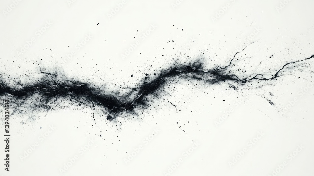 Fototapeta premium Abstract Black Ink Splatter Artwork with Jagged Horizontal Line and Organic Splash Patterns on Crisp White Canvas