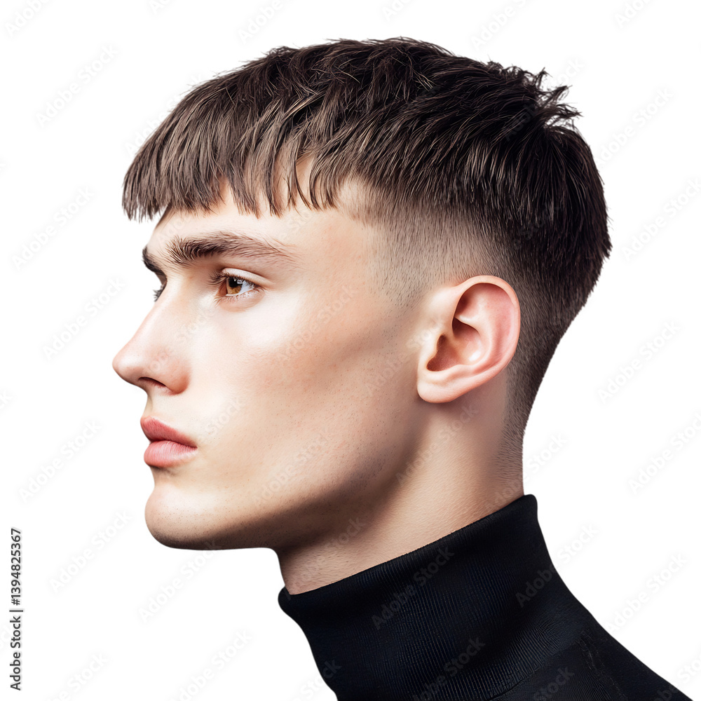Obraz premium Man with Short Caesar Haircut and Black Shirt Isolated on Transparent Background