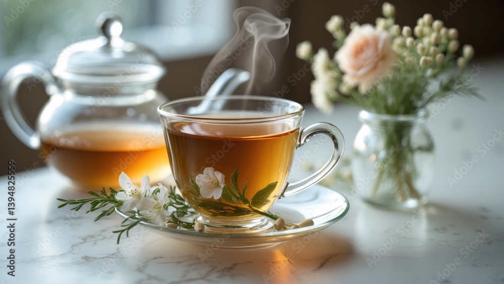 Fototapeta premium Herbal tea served in a glass cup
