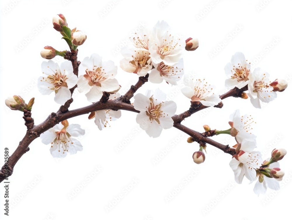 Delicate floral branch with white blossoms and buds against a clean white backdrop capturing spring bloom season in a bright and airy studio shot Delicate floral branch with white blossoms and buds against a clean white backdrop capturing spring bloom season in a bright and airy studio shot