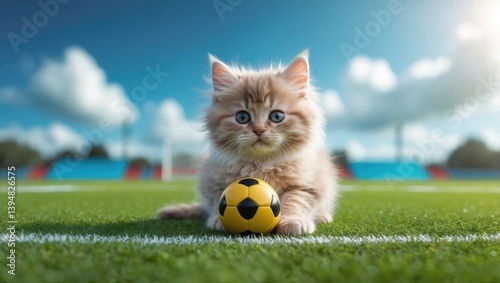 Amusing kitten with a ball on a football pitch.