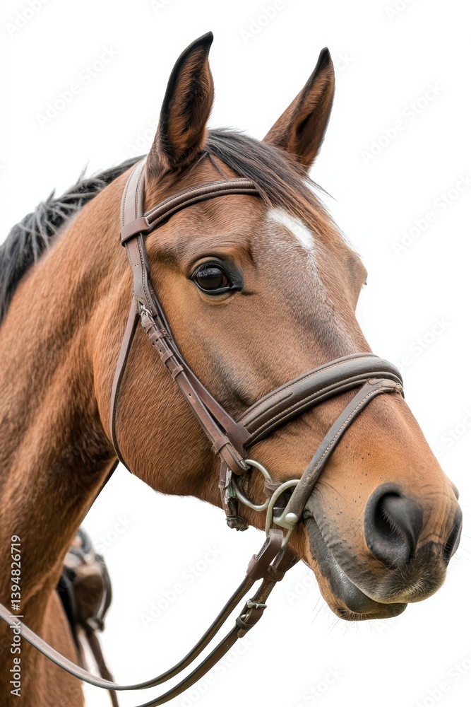 Captivating close up portrait of a chestnut horse with bridle against a clean white backdrop showcasing equine beauty and elegance in a minimalist style Captivating close up portrait of a chestnut horse with bridle against a clean white backdrop showcasing equine beauty and elegance in a minimalist style