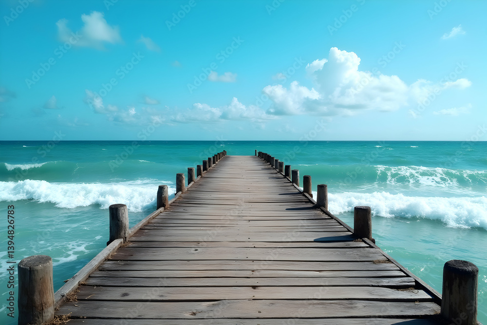 A captivating perspective of a weathered wooden pier stretching out into a serene turquoise sea under a bright, cloud-dotted sky, inviting contemplation and escape A captivating perspective of a weathered wooden pier stretching out into a serene turquoise sea under a bright, cloud-dotted sky, inviting contemplation and escape