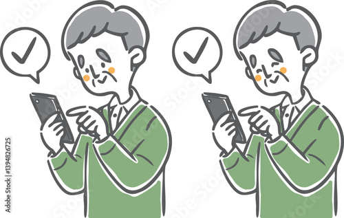 スマホを操作するシニア男性　上半身　ベクター