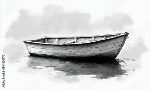 Grayscale wooden rowboat drawing