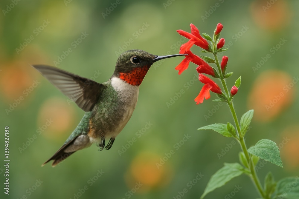 Obraz premium Hummingbird feeding on vibrant flower.