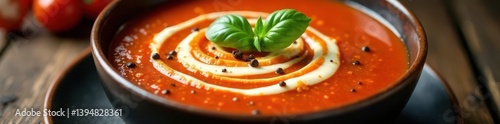 Rich tomato soup with swirl of cream, fresh basil, black pepper, organic, restaurant, close up