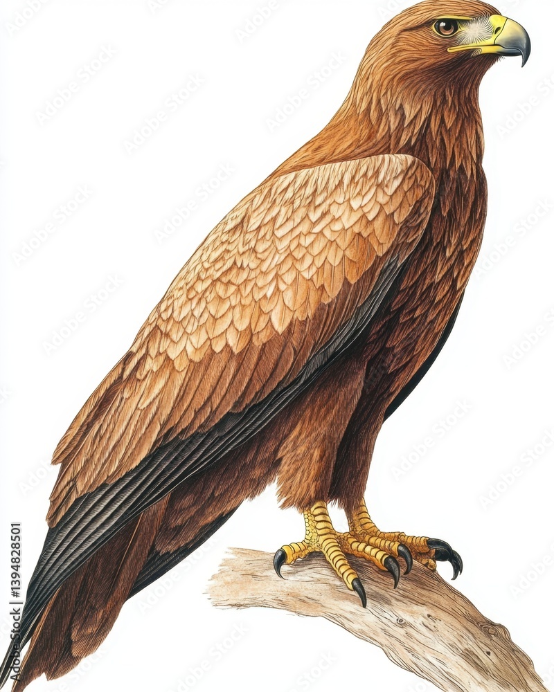 Fototapeta premium Majestic golden eagle perched gracefully on a weathered branch detailed illustration of avian beauty and power