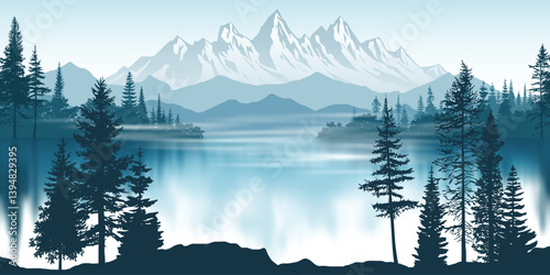Mountain landscape with lake, ridges in fog, forest on slopes, vector illustration