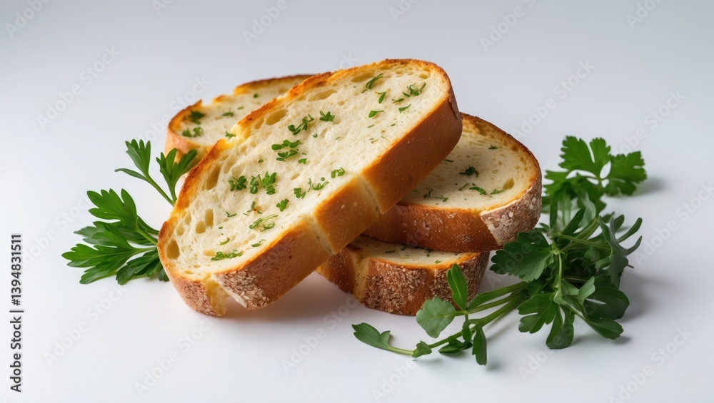 Herb-infused garlic bread, set against a white background. Herb-infused garlic bread, set against a white background.