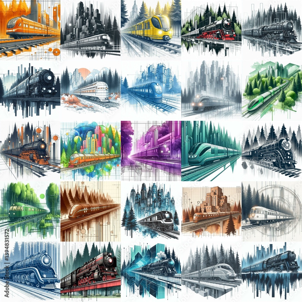 Futuristic train concept. Moving along forest. Watercolor impressionist art styleAI generated illustration