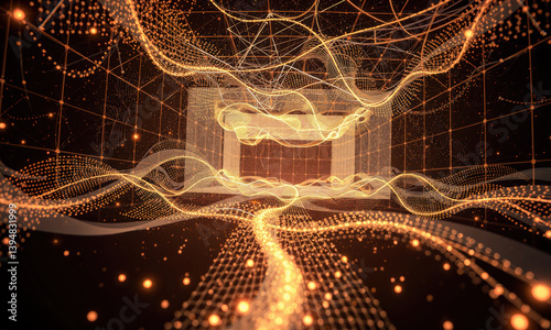 mesmerizing digital landscape featuring flowing lines and glowing particles, creating sense of depth and movement in virtual space. warm tones evoke feeling of energy and innovation