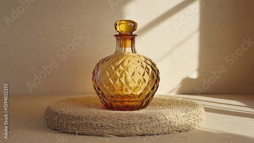 Amber glass decanter on a wicker stand