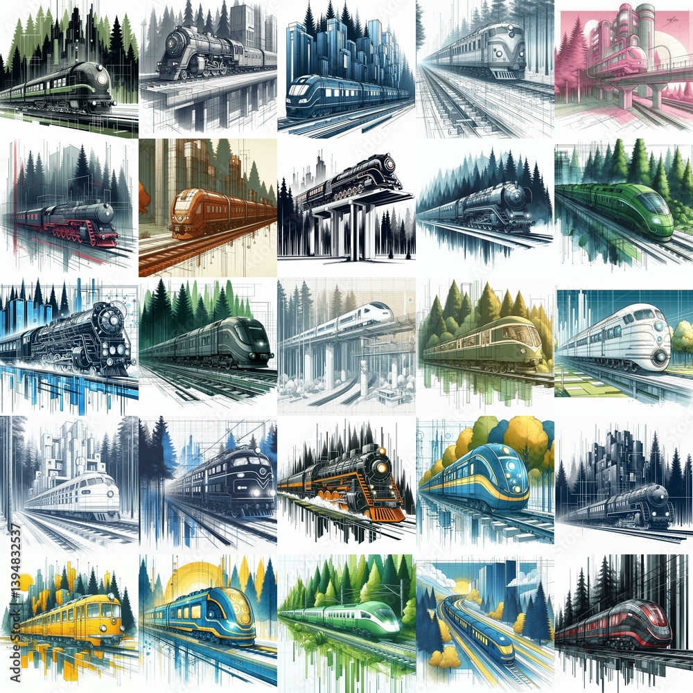 Futuristic train concept. Moving along forest. Watercolor impressionist art styleAI generated illustration