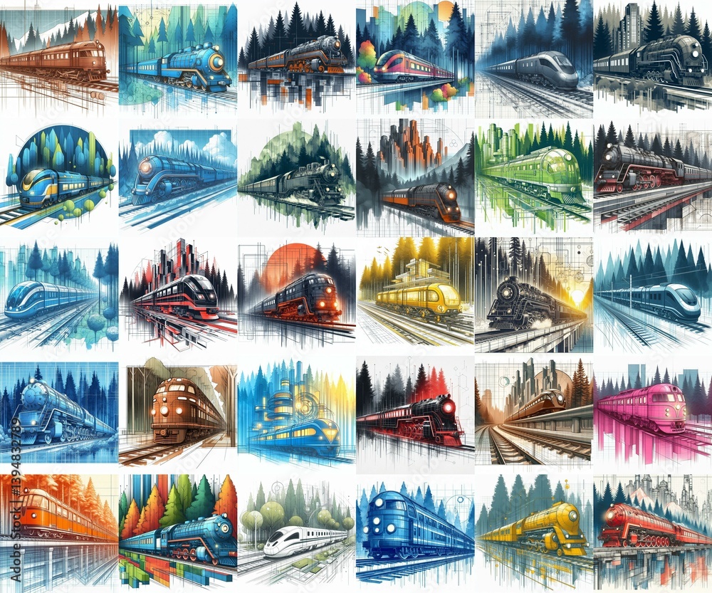 Futuristic train concept. Moving along forest. Watercolor impressionist art styleAI generated illustration