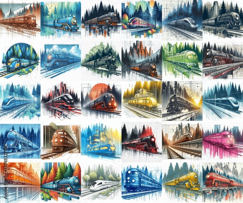 Obraz na płótnie Futuristic train concept. Moving along forest. Watercolor impressionist art styleAI generated illustration w salonie
