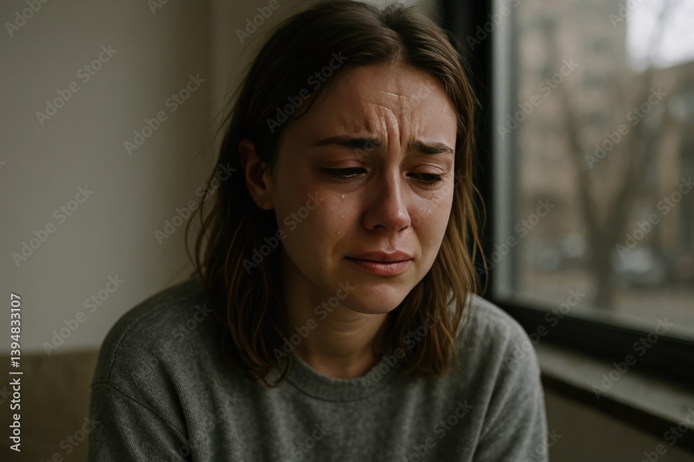 Emotional woman crying indoors.