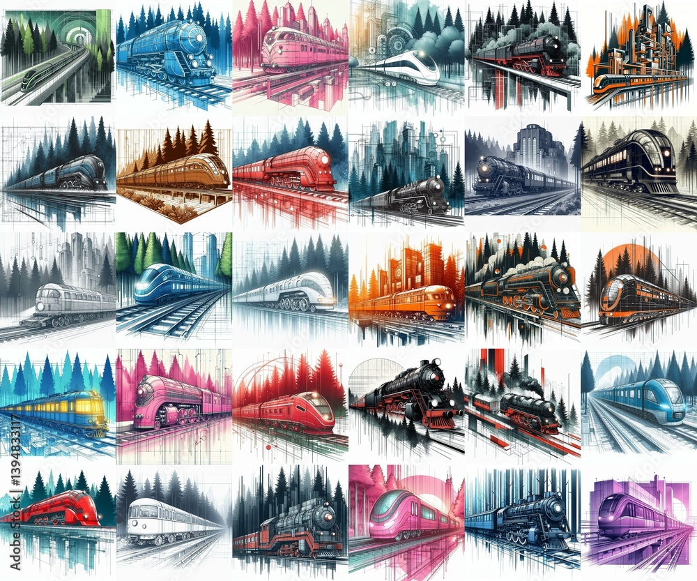 Futuristic train concept. Moving along forest. Watercolor impressionist art styleAI generated illustration