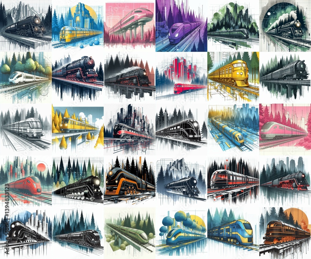 Futuristic train concept. Moving along forest. Watercolor impressionist art styleAI generated illustration