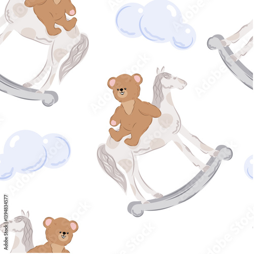 Cute teddy bear on a rocking horse and clouds seamless children's pattern.