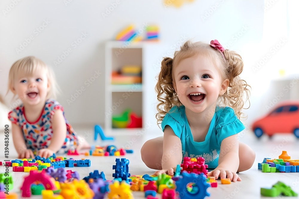 Fototapeta premium Happy laughing children playing educational games and assembling building blocks on the floor for motor skills development