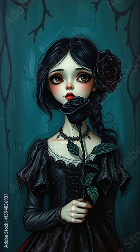 Gothic girl holding a black rose for phone wallpaper