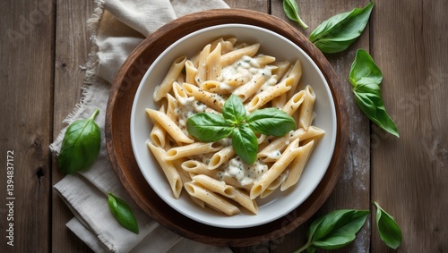 Creamy penne pasta appetizer with pepper seasoning and fresh basil seen from above on rustic wood with empty space