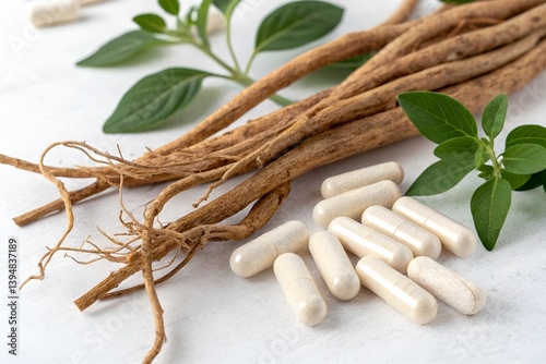 Ashwagandha roots and capsule 