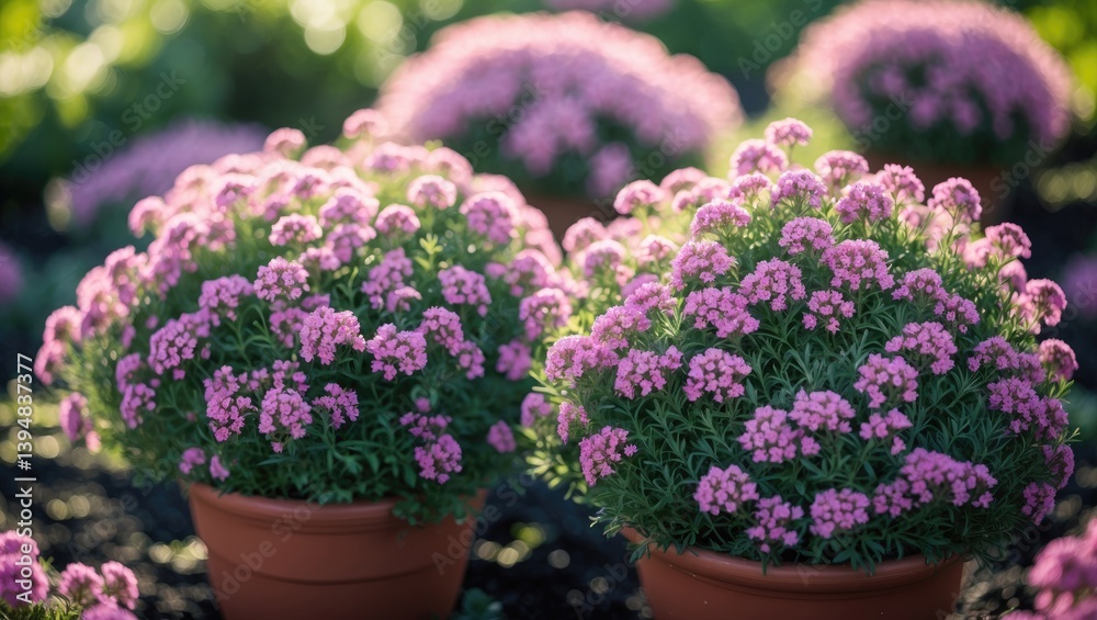 Container-grown Thymus groundcover. Flowers in pink and purple. Photograph for plant catalog or nursery. Sale of greenery. Close-up shot. Container-grown Thymus groundcover. Flowers in pink and purple. Photograph for plant catalog or nursery. Sale of greenery. Close-up shot.