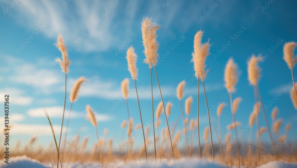 Obraz premium In the cold winter breeze, tall golden grasses flutter softly, their fine forms highlighted by a bright blue sky. This serene landscape promotes contemplation and a strong connection to the outdoors.