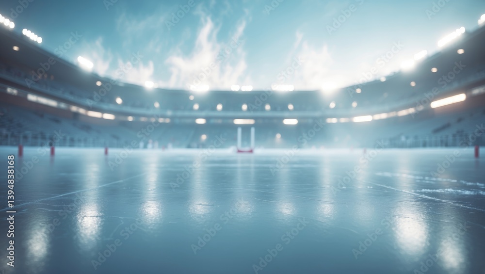 Fototapeta premium ICE HOCKEY VENUE BACKGROUND, WINTER ATHLETIC FIELD, COLD BLUE FROSTY ENVIRONMENT