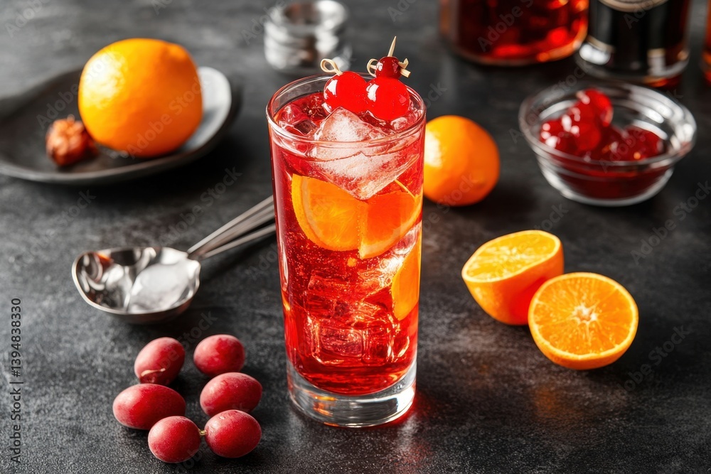 Refreshing spritzer with orange slices and cherries in a glass on a dark surface with fruit and ice cubes Refreshing spritzer with orange slices and cherries in a glass on a dark surface with fruit and ice cubes