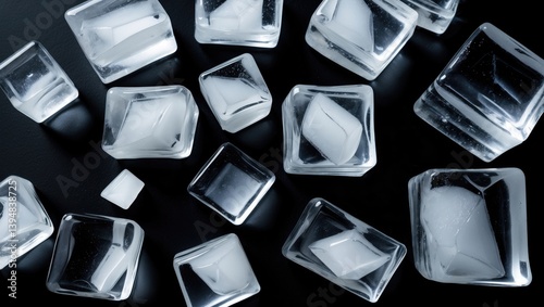 Crystal clear natural ice cubes on a black backdrop.