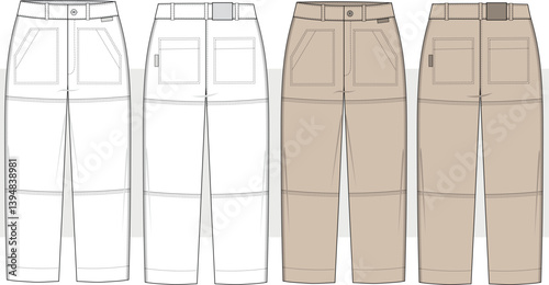 Men's Double Knee Utility Relaxed pant worker wear, cargo pants, fashion illustration, vector. Pockets on the front, relaxed leg, front and back view. Cad, Mockup.